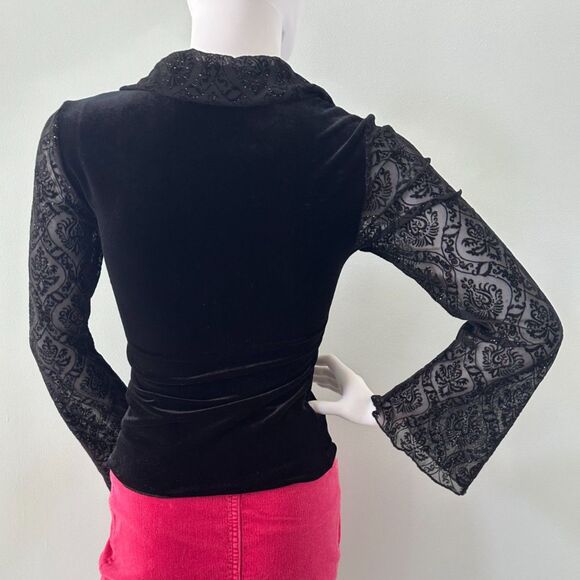 Vintage Y2k Black Velvet Top with Sheer Sleeves Collared V-Neck Long Sleeve XS - Picture 2 of 6
